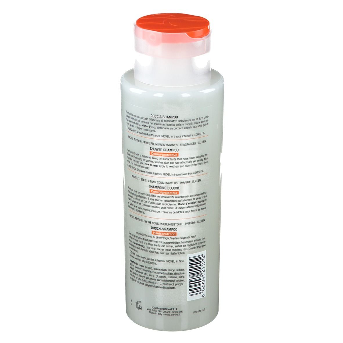 BioNike Triderm Dusch-Shampoo. Retro del flacone. Informazioni testuali sull'etichetta. Liquido trasparente. Tappo arancione.