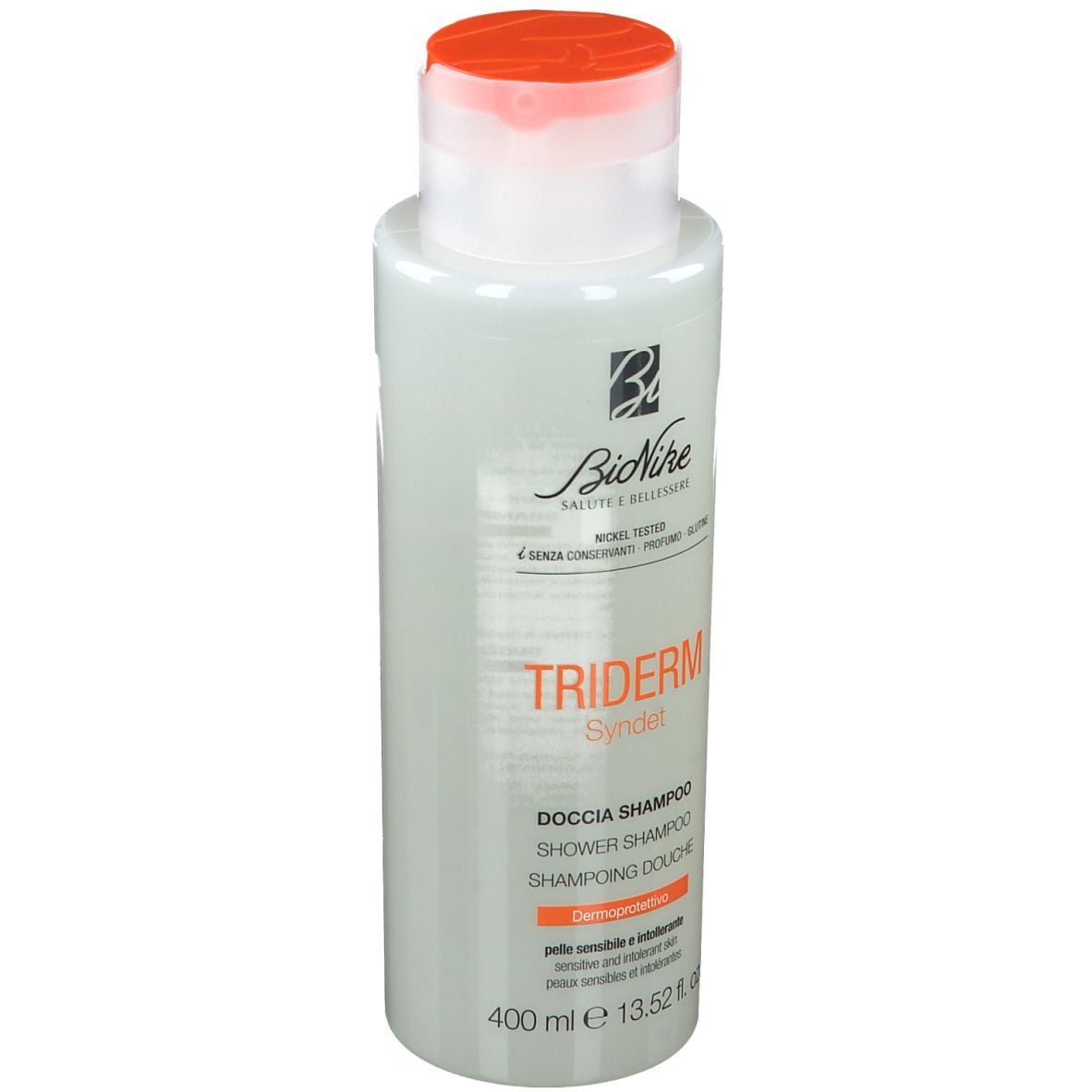 BioNike Triderm Dusch-Shampoo. Flacone bianco con tappo arancione. Nome e logo visibili. 400 ml.