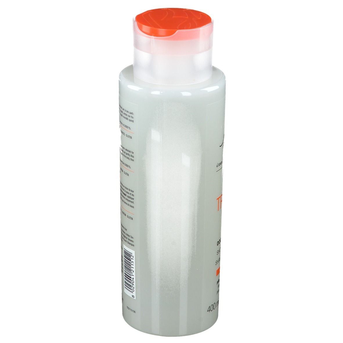 BioNike Triderm Dusch-Shampoo. Flacone, vista laterale. Etichetta con testo. Liquido trasparente. Tappo arancione.