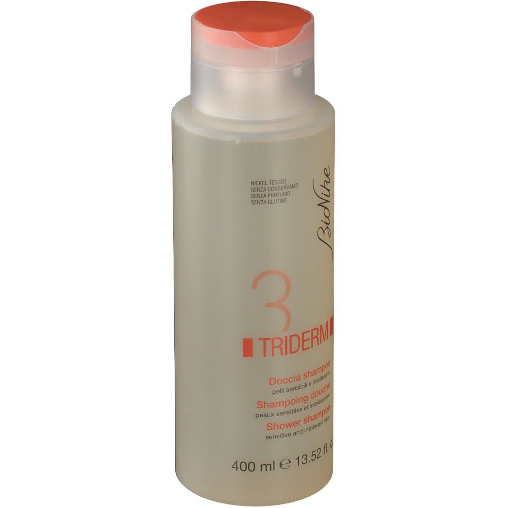 BioNike Triderm Dusch-Shampoo. Flacone con tappo arancione. Nome e logo visibili. 400 ml.