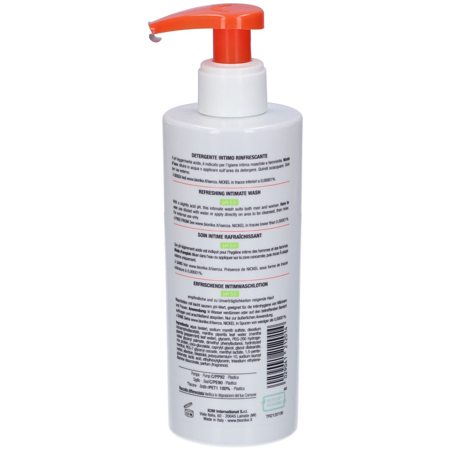 Weiße Flasche mit orangefarbenem Pumpspender, 250ml, mit Aufdruck.
