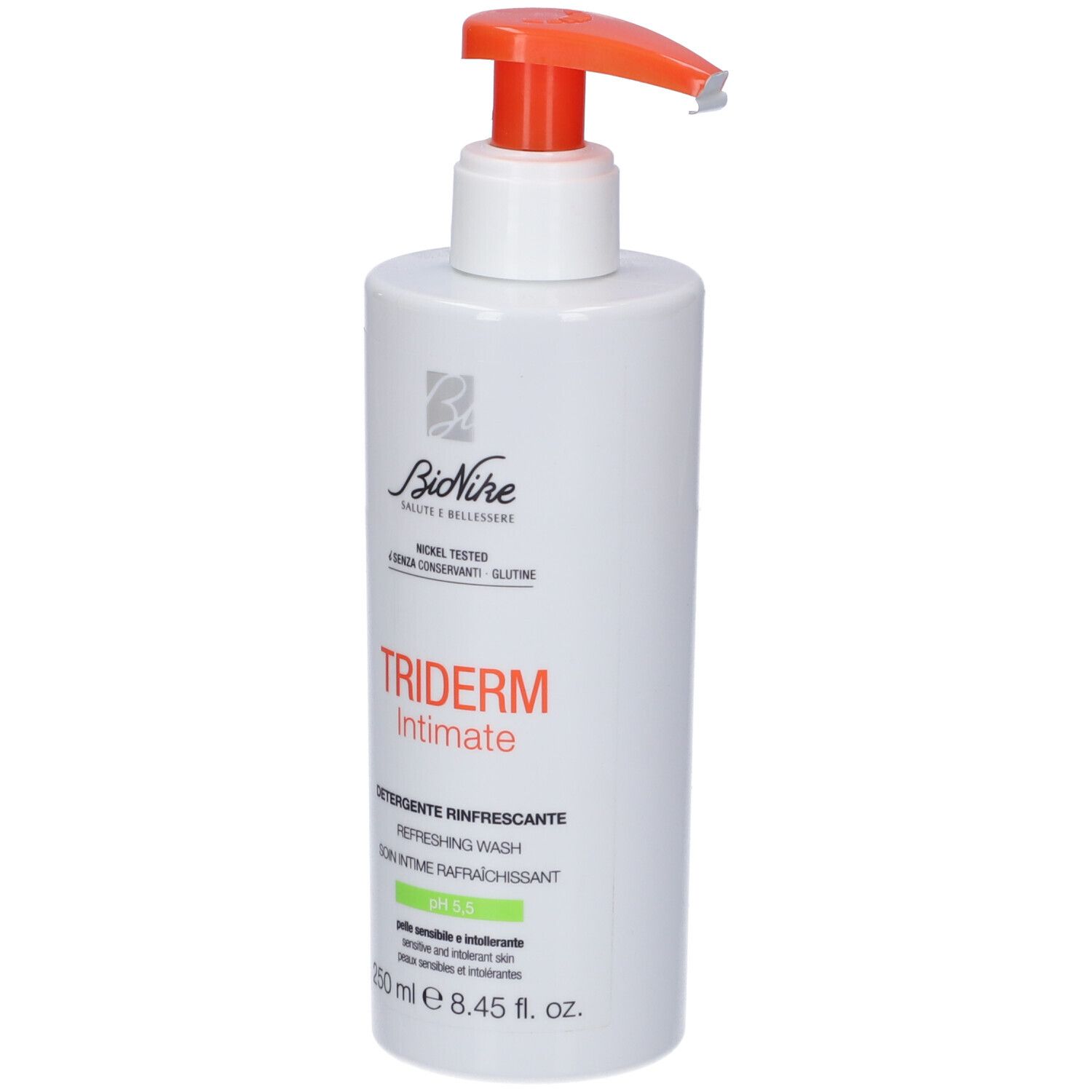 Weiße Pumpflasche mit orangefarbenem Spender für TRIDERM Intimate Erfrischendes Waschmittel, 250 ml.