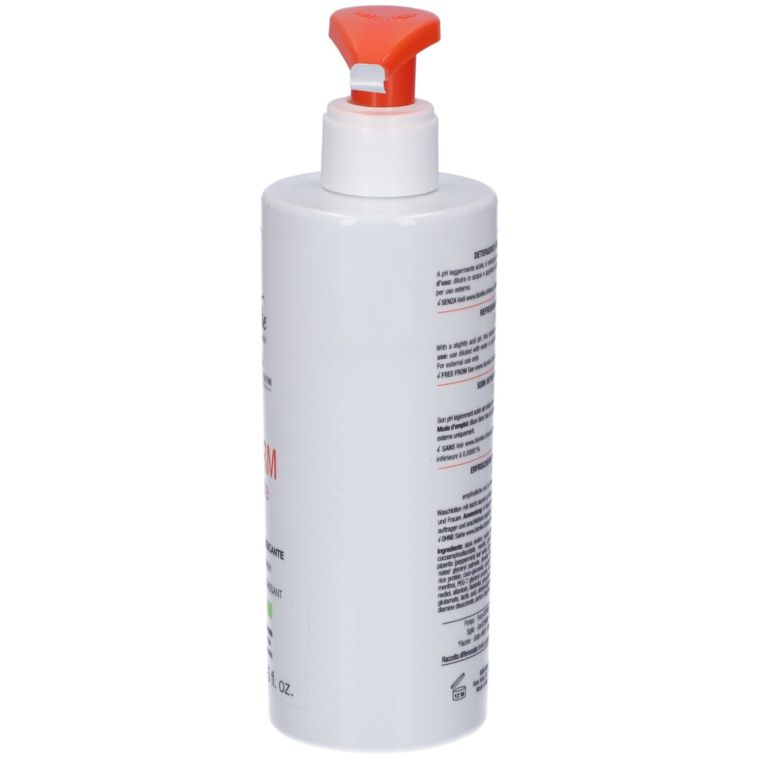 Weiße Pumpflasche mit orangefarbenem Verschluss und Etikett.