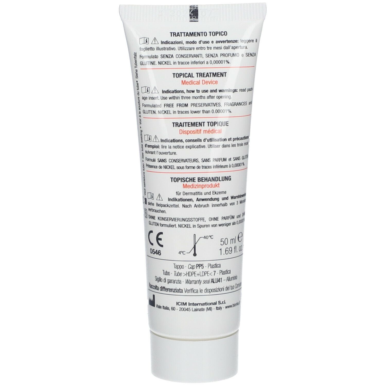 Retro di un tubo bianco. Testo: Trattamento Topico, Topical Treatment, Traitement Topique. Dispositivo medico. Ingredienti.