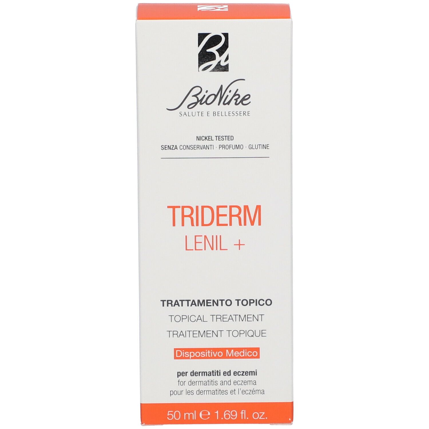 Confezione del prodotto. Confezione bianca con scritta rossa TRIDERM Lenil +. Testo: Trattamento Topico, Topical Treatment, Traitement Topique.