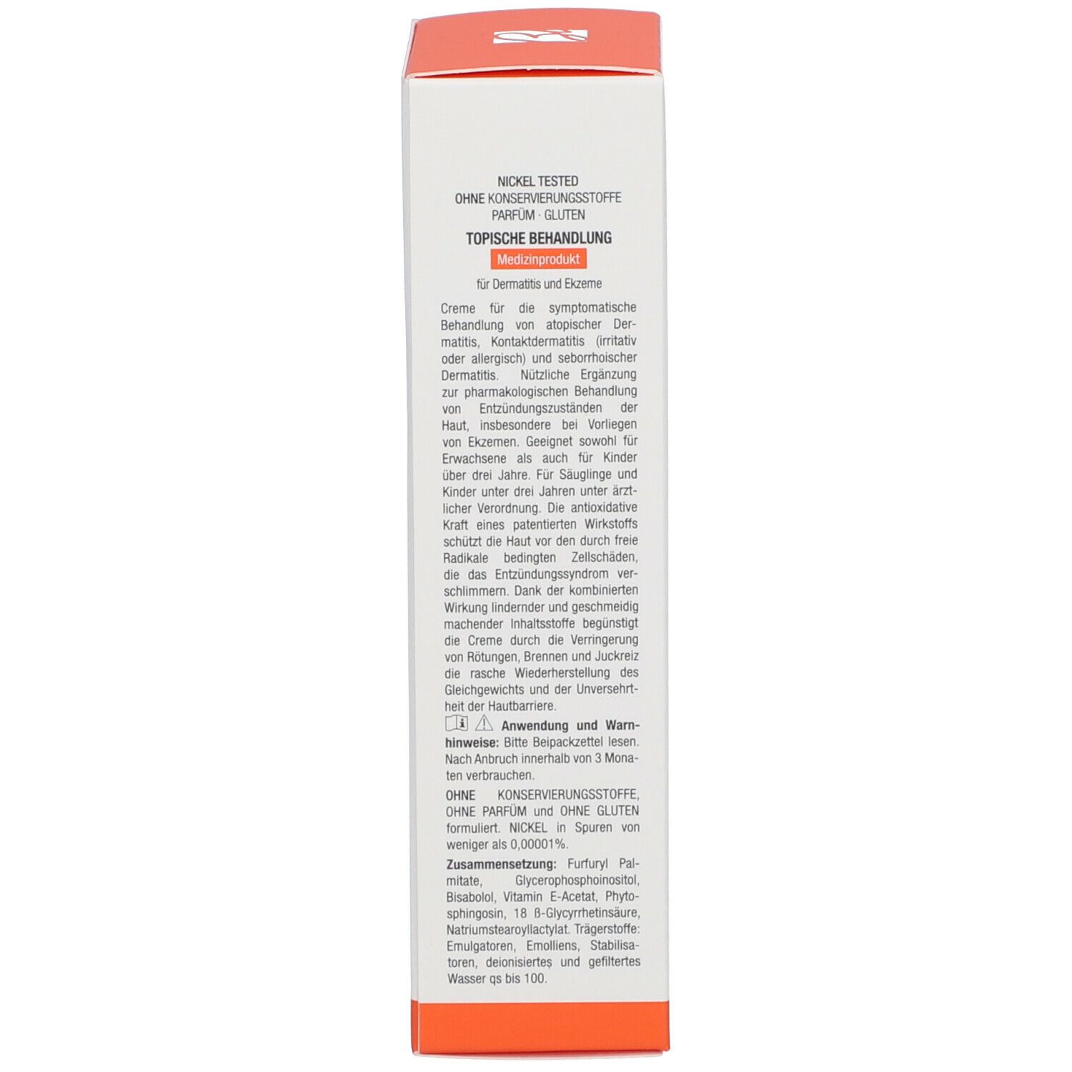 Confezione. Testo: Nickel Tested, Senza conservanti, Senza profumo, Senza glutine. Trattamento topico. Dispositivo medico.