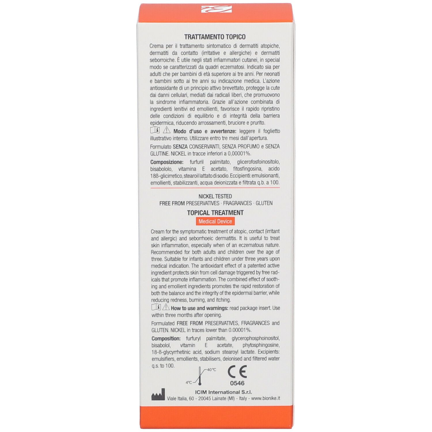Confezione. Testo: Trattamento Topico, Topical Treatment, Dispositivo medico. Ingredienti. Modo d'uso.