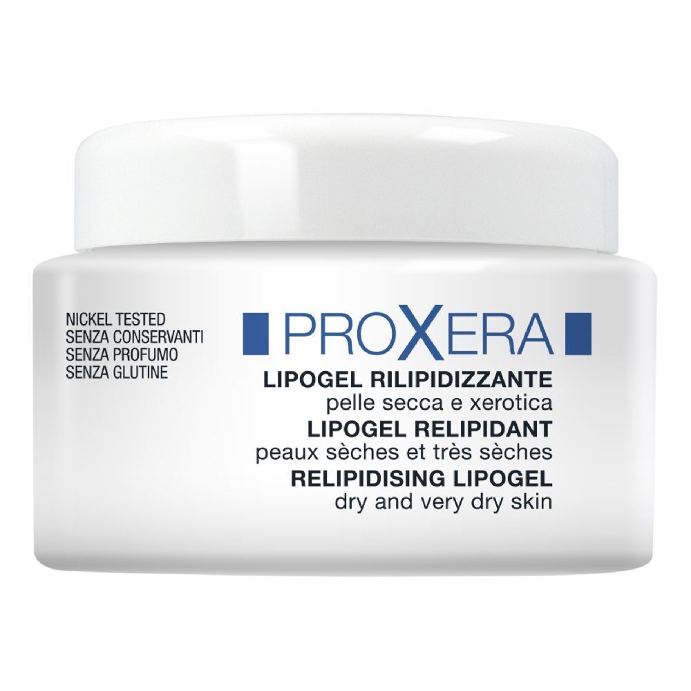 Vasetto bianco con scritta blu PROXERA. Scritta: Lipogel, per pelli secche. Testato al nichel.