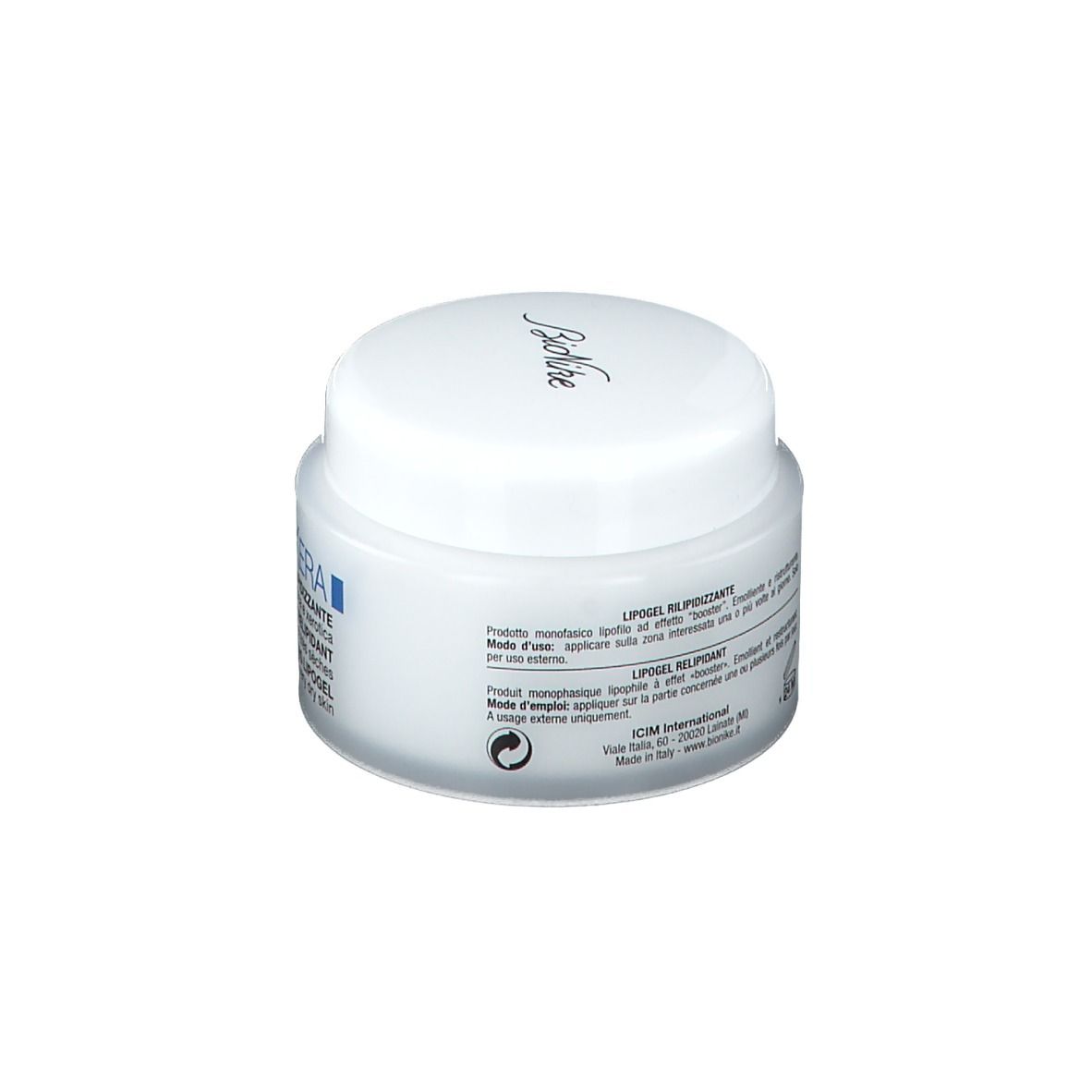 Vasetto bianco con coperchio bianco. Marchio: BioNike. Scritta: PROXERA Lipogel. Per pelli secche.