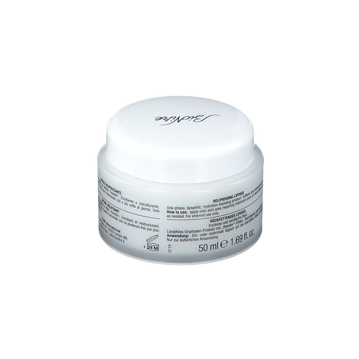 Vasetto bianco con coperchio bianco. Marchio: BioNike. Scritta: PROXERA Lipogel. 50 ml.