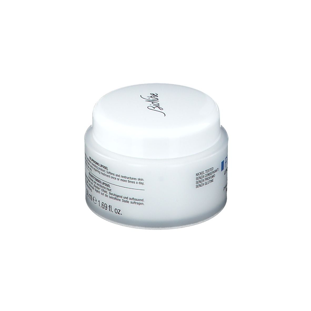Vasetto bianco con coperchio bianco. Marchio: BioNike. Scritta: PROXERA Lipogel. 50 ml.