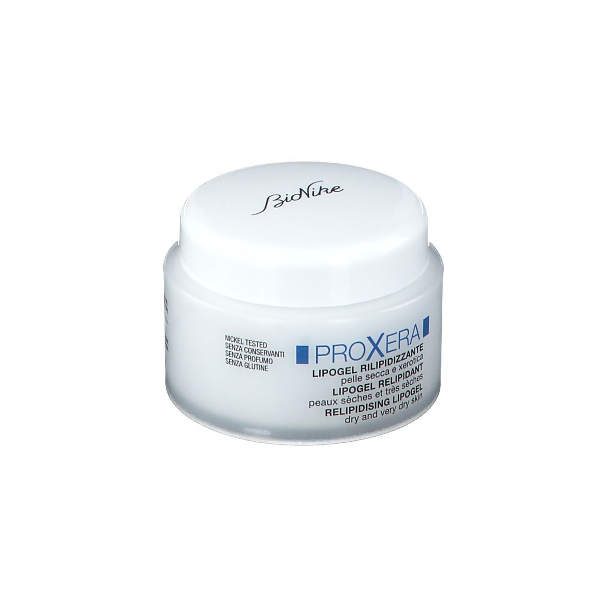 Vasetto bianco con coperchio bianco. Marchio: BioNike. Scritta: PROXERA Lipogel. Per pelli secche.