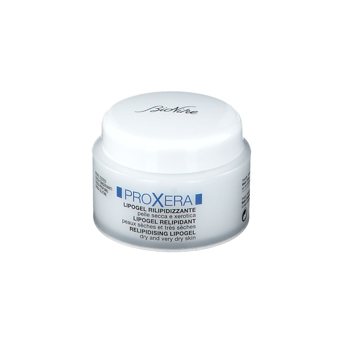Vasetto bianco con coperchio bianco. Marchio: BioNike. Scritta: PROXERA Lipogel. Per pelli secche.