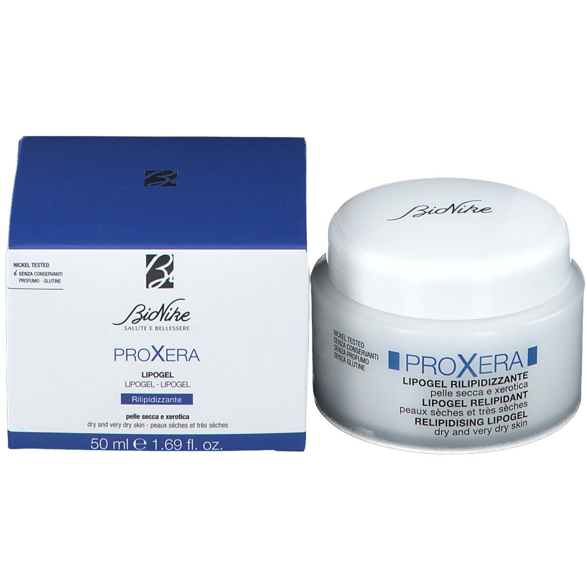 Confezione e vasetto del prodotto. Confezione: blu-bianco. Scritta: BioNike, PROXERA Lipogel. 50 ml.
