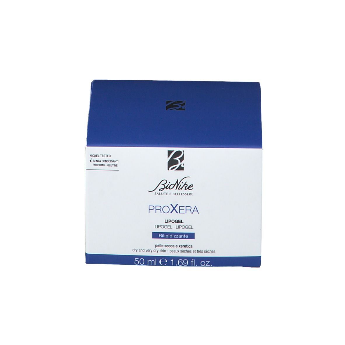 Confezione blu del prodotto. Scritta: BioNike, PROXERA Lipogel. 50 ml. Per pelli secche.