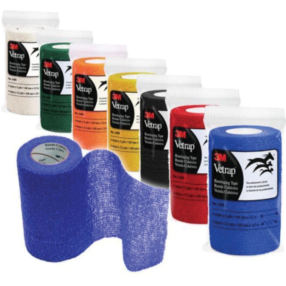 Bende Vetrap multicolore in confezione di plastica. Colori: bianco, verde, arancione, giallo, nero, rosso, blu. Una benda è srotolata.