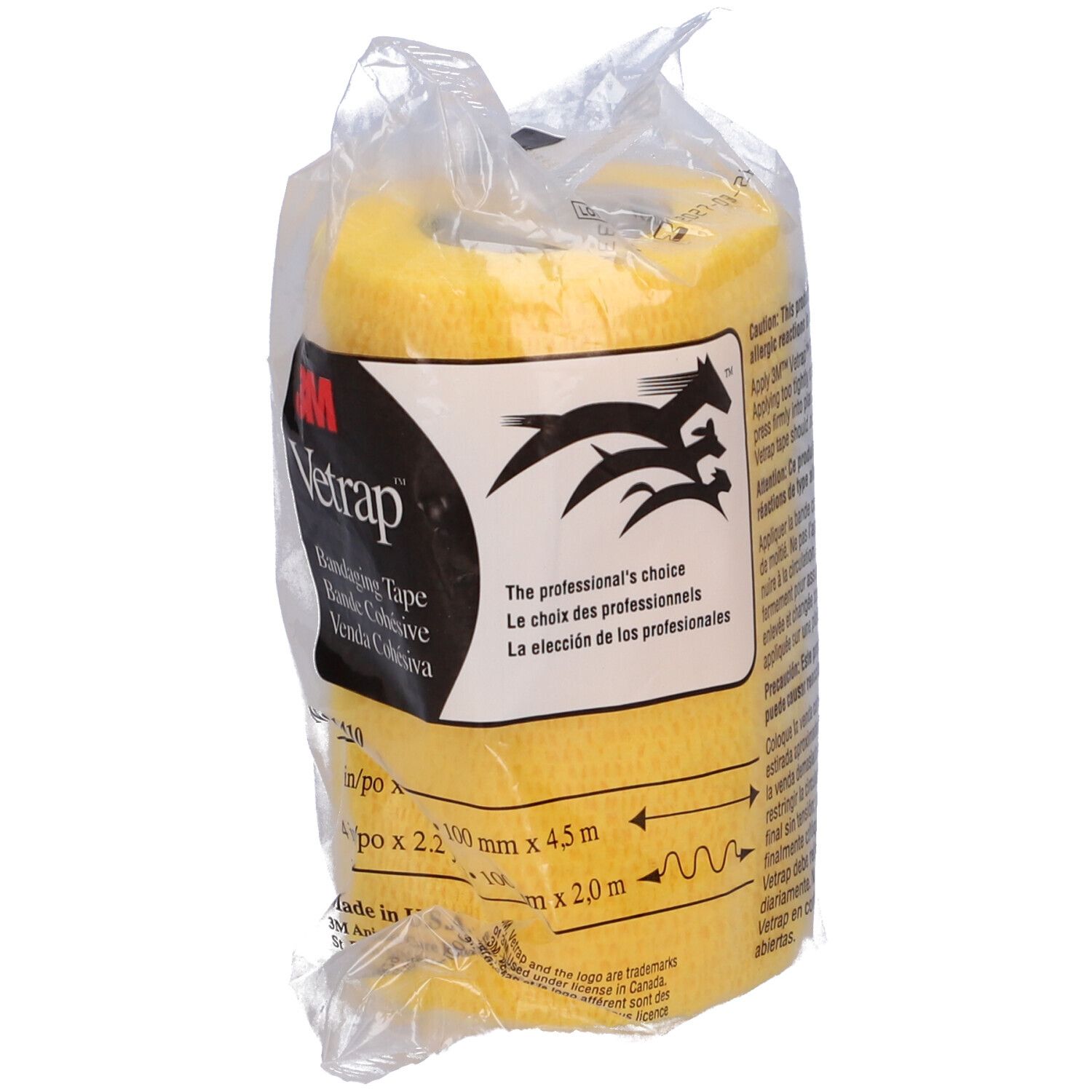 Benda Vetrap gialla in confezione di plastica. Stampa: 3M Vetrap, Bandaging Tape. Testo e logo.