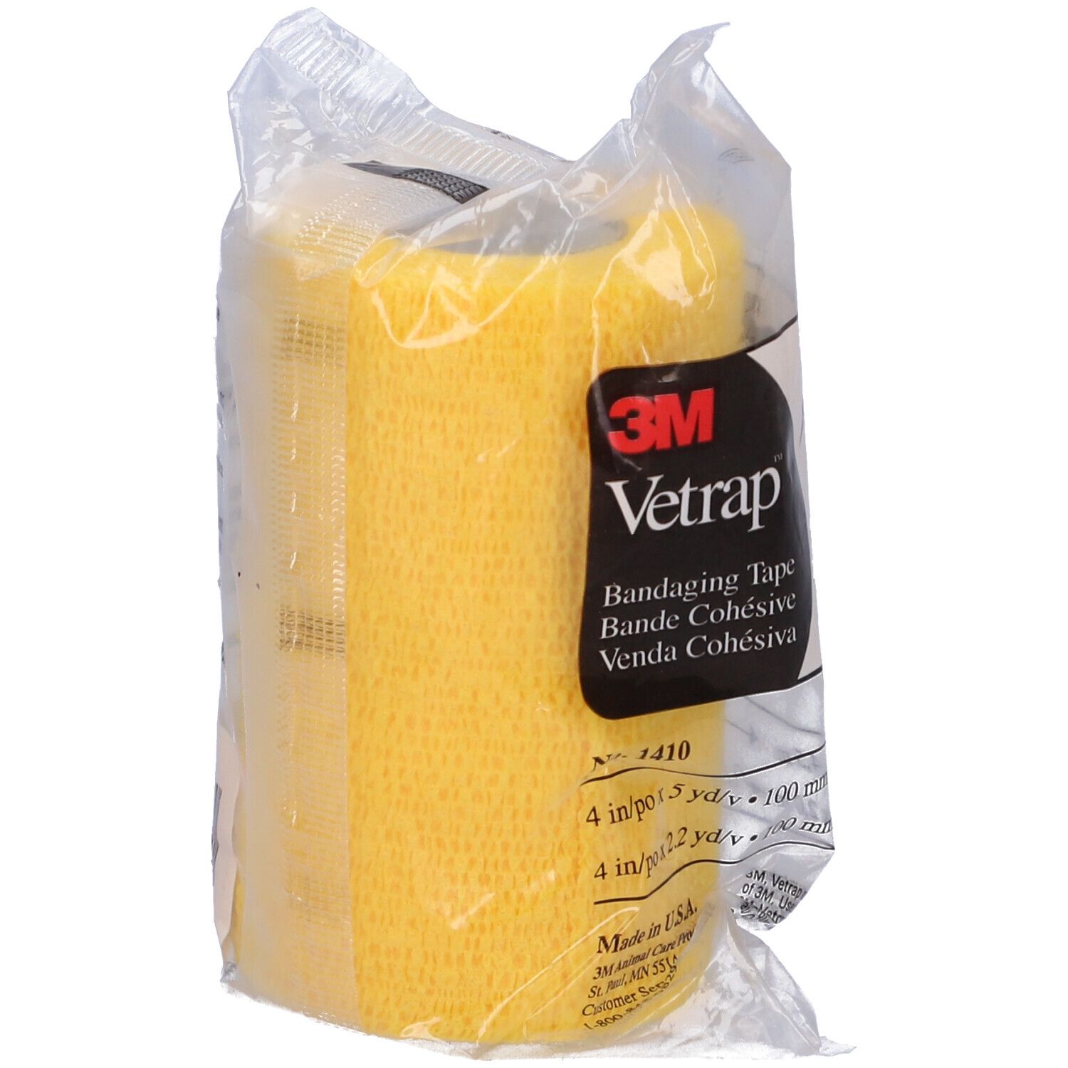Benda Vetrap gialla in confezione di plastica. Stampa: 3M Vetrap, Bandaging Tape. Testo e logo.