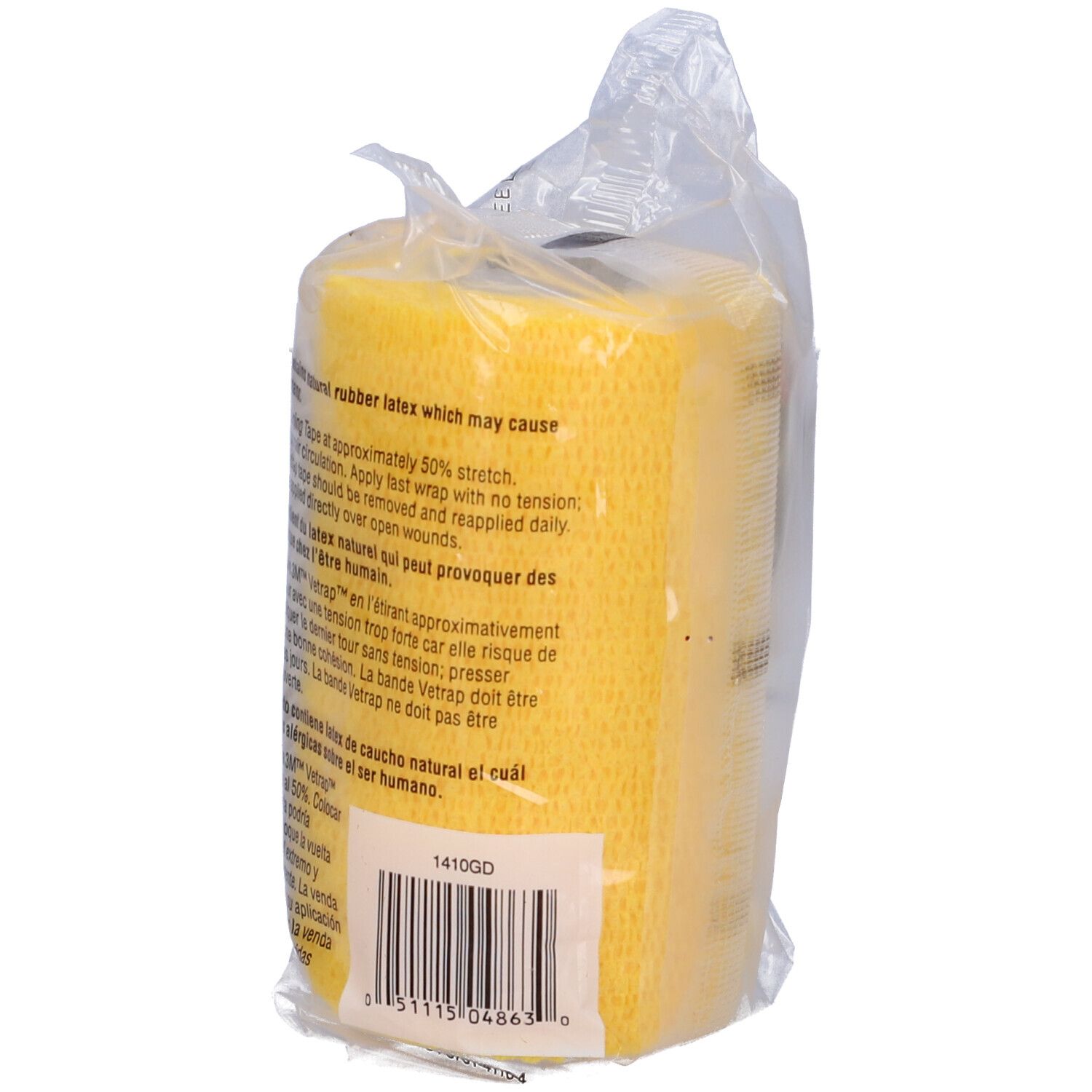Benda Vetrap gialla in confezione di plastica. Stampa: 3M Vetrap, Bandaging Tape. Testo e logo.