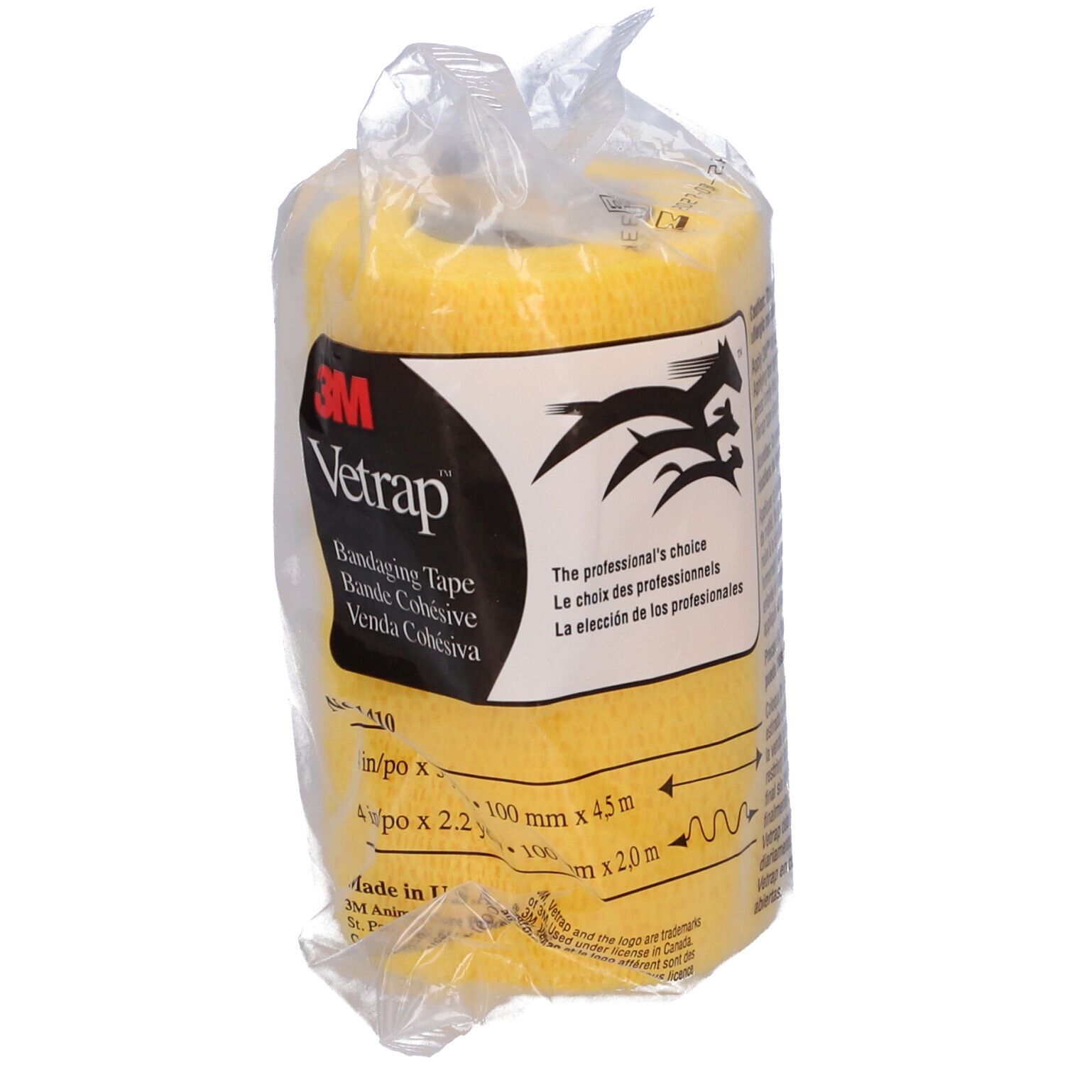 Benda Vetrap gialla in confezione di plastica. Stampa: 3M Vetrap, Bandaging Tape. Testo e logo.