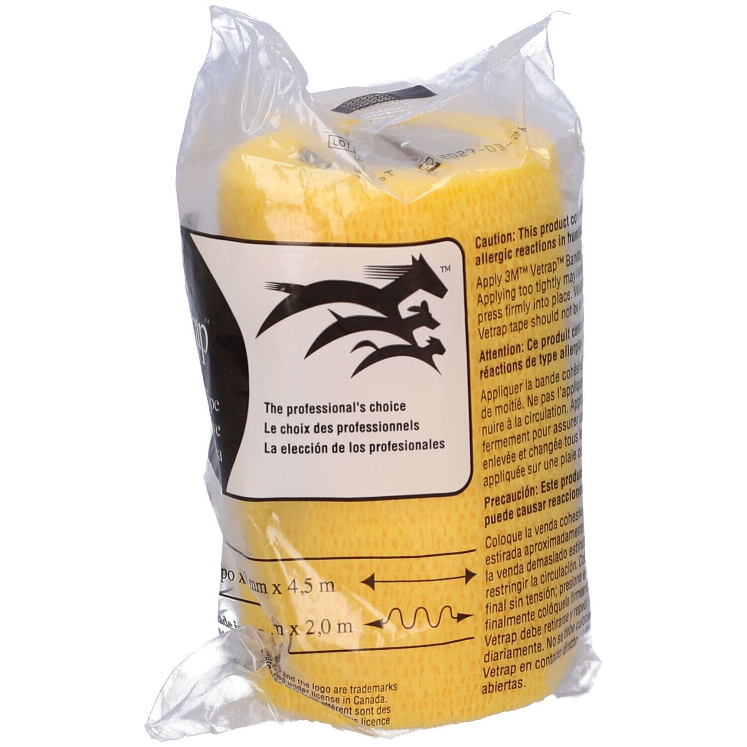 Benda Vetrap gialla in confezione di plastica. Stampa: 3M Vetrap, Bandaging Tape. Testo e logo.