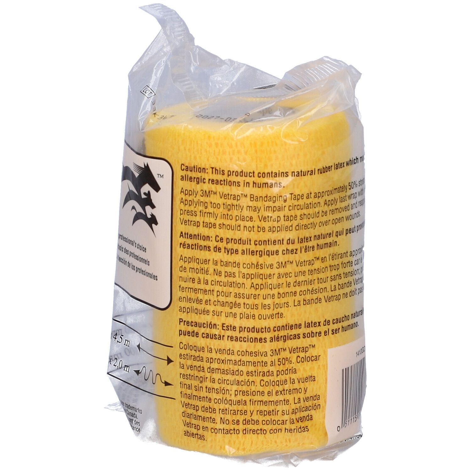 Benda Vetrap gialla in confezione di plastica. Stampa: 3M Vetrap, Bandaging Tape. Testo e logo.