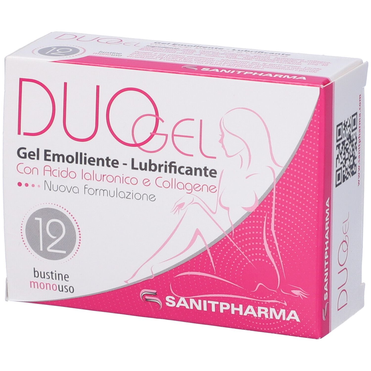 Confezione DUOGEL. Scatola bianca con dettagli rosa. Contiene 12 bustine singole. Nome e logo del prodotto visibili.