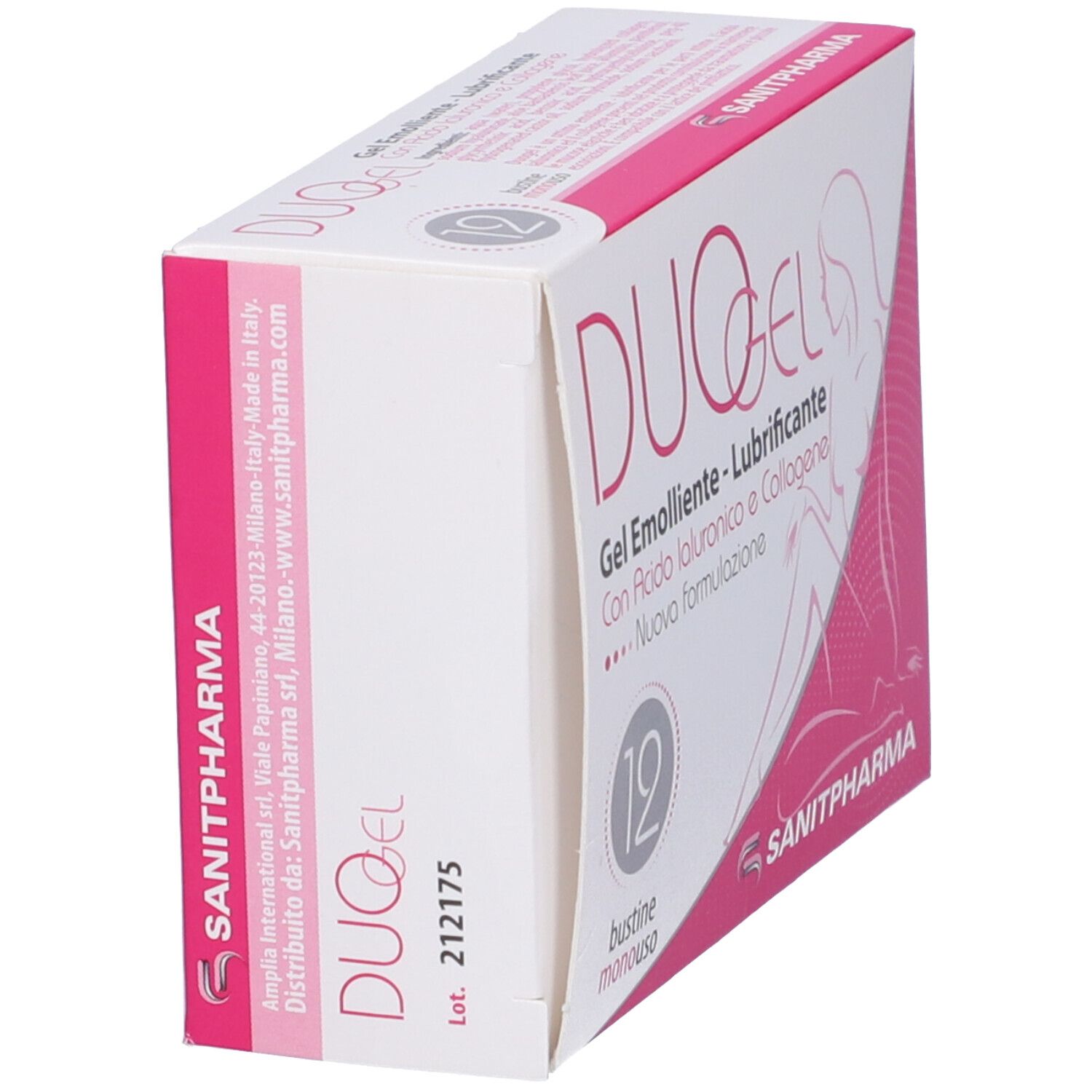 Confezione DUOGEL, angolata. Scatola bianca con dettagli rosa. Nome e logo del prodotto. 12 bustine singole.