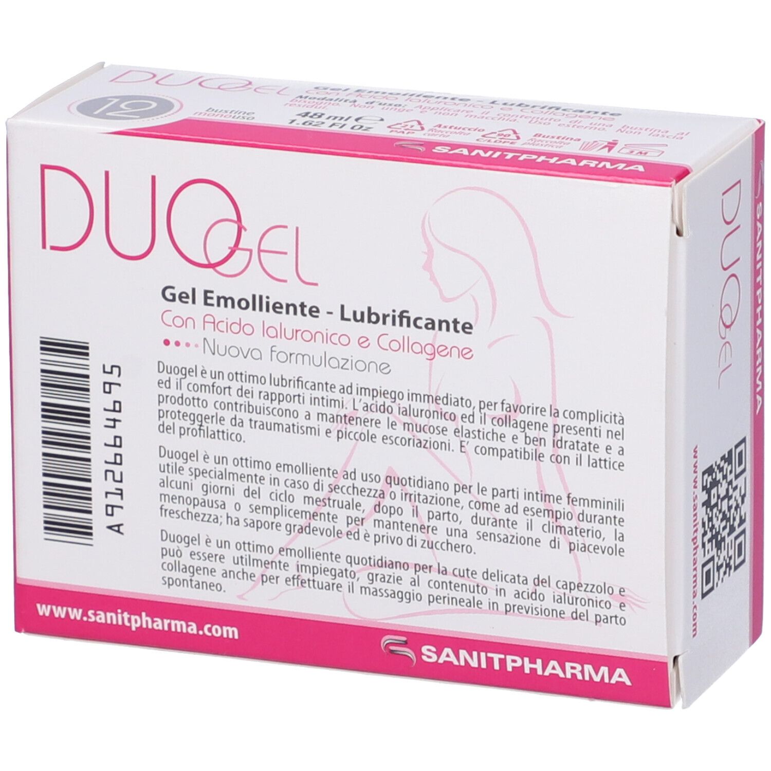 Confezione DUOGEL. Scatola bianca con dettagli rosa. Nome, logo e testo del prodotto. 12 bustine singole.