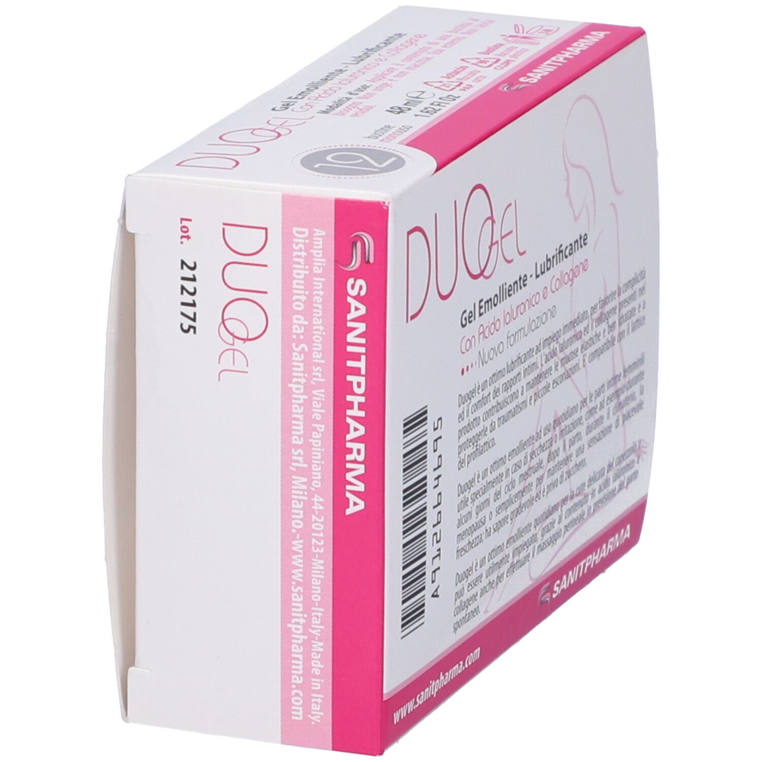 Confezione DUOGEL, angolata. Scatola bianca con dettagli rosa. Nome, logo e testo del prodotto. 12 bustine singole.