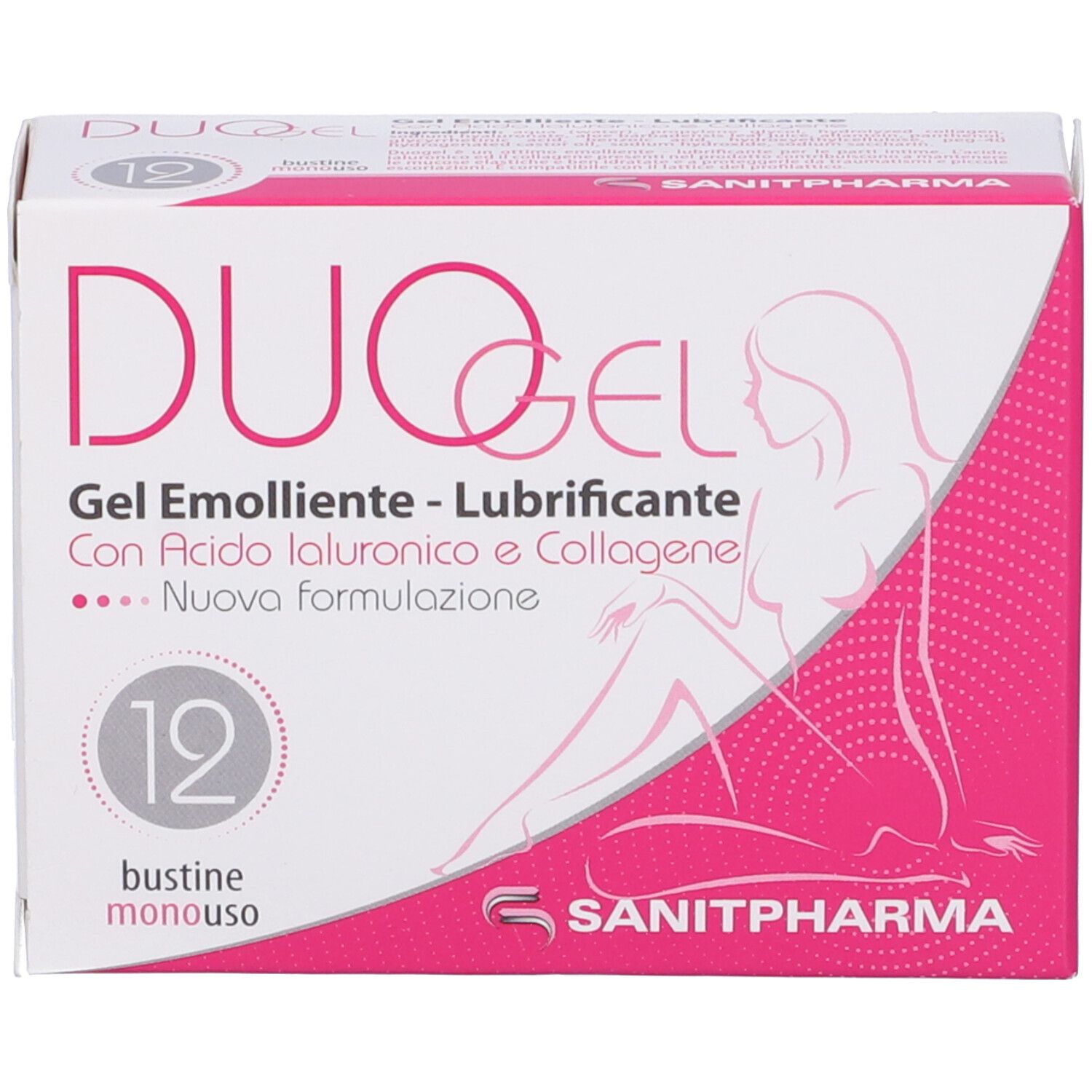 Confezione DUOGEL. Scatola bianca con dettagli rosa. Nome, logo e testo del prodotto. 12 bustine singole.