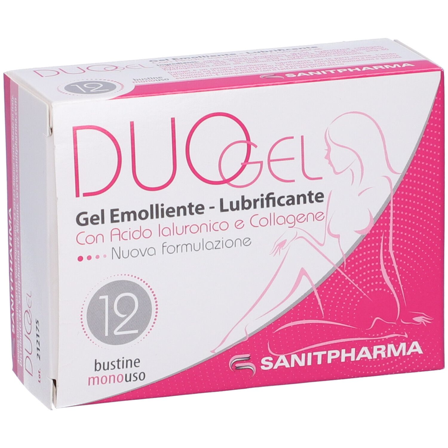 Confezione DUOGEL. Scatola bianca con dettagli rosa. Nome, logo e testo del prodotto. 12 bustine singole.