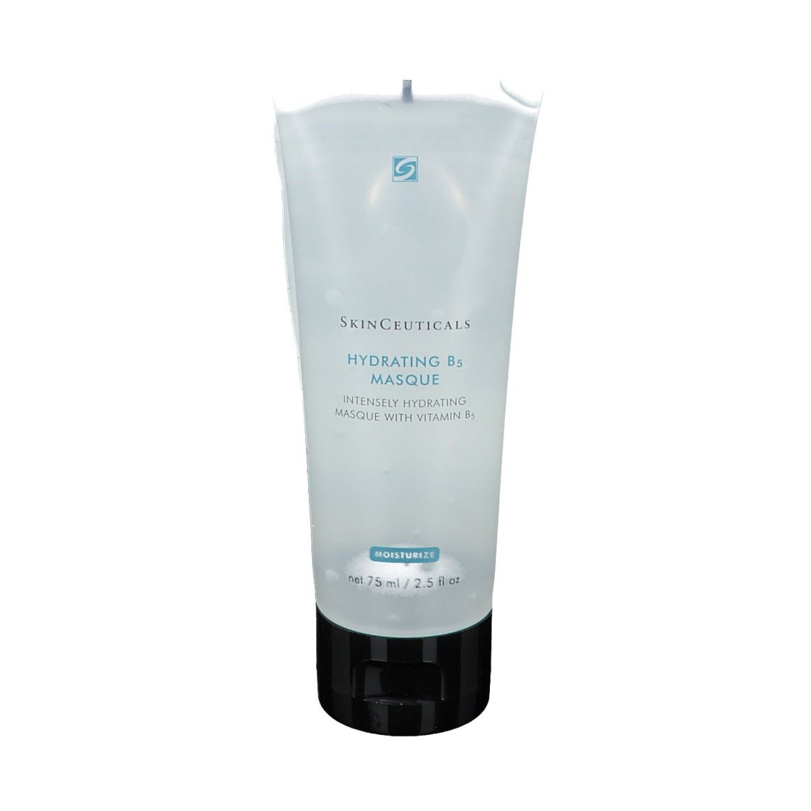 Tube Skinceuticals Hydrating B5 Masque. Tube transparent avec bouchon noir. Inscriptions : marque, nom du produit, ingrédients, logo.