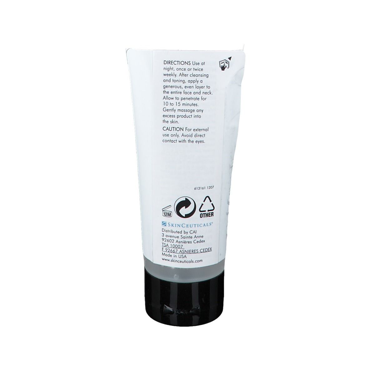 Dos du tube Skinceuticals Hydrating B5 Masque. Texte avec instructions d'utilisation, ingrédients, informations fabricant et logos.
