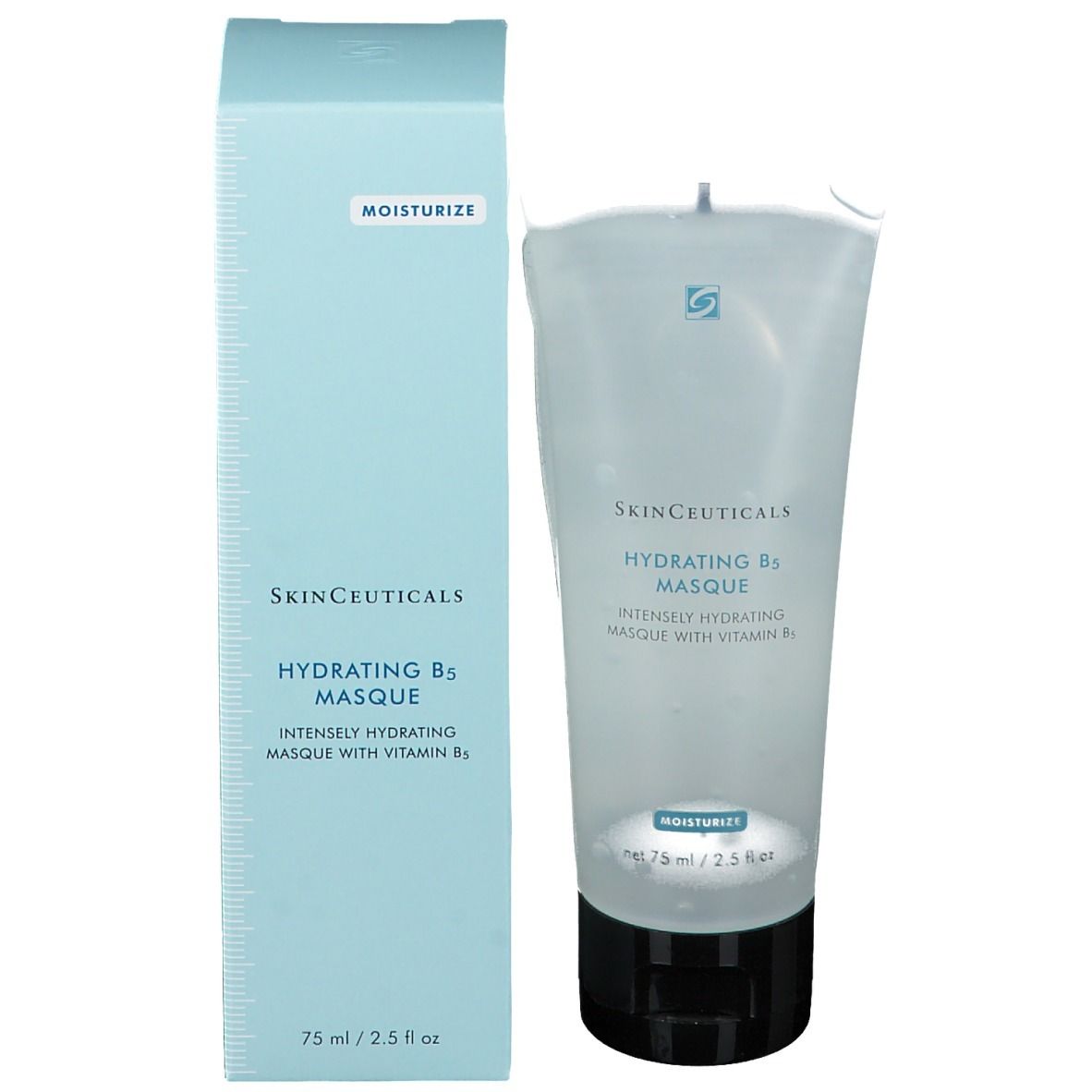 Tube et emballage Skinceuticals Hydrating B5 Masque. Tube et boîte. Inscriptions : marque, nom du produit, ingrédients, logo.