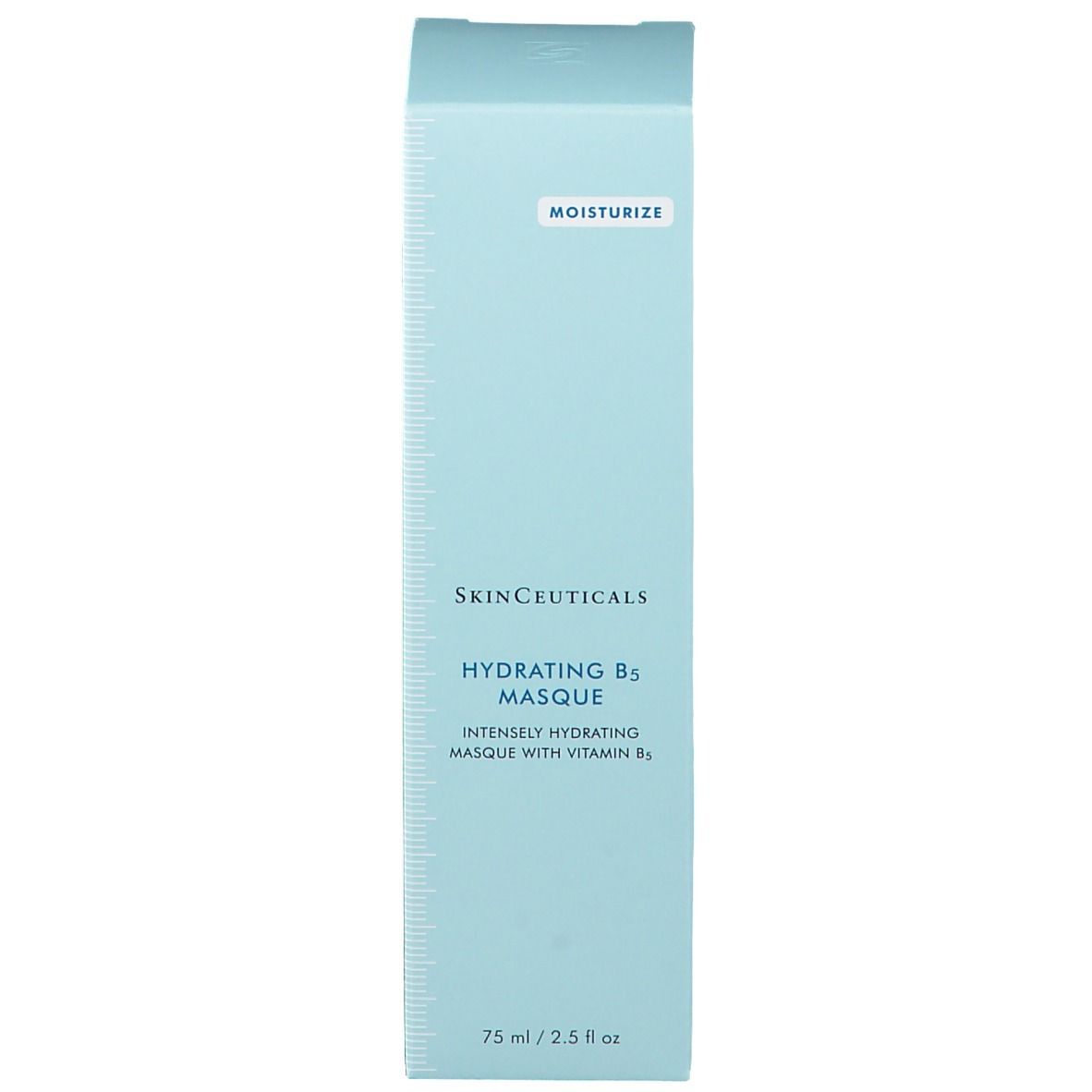 Emballage Skinceuticals Hydrating B5 Masque. Boîte bleu clair. Inscriptions : marque, nom du produit, ingrédients, logo.