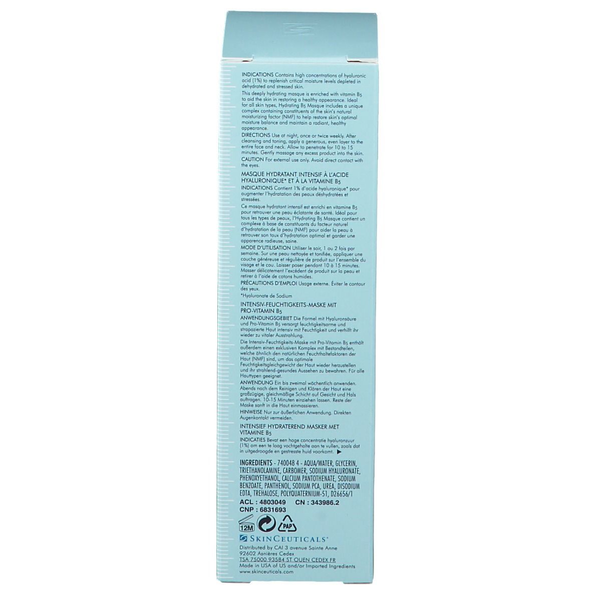 Dos de l'emballage Skinceuticals Hydrating B5 Masque. Texte avec informations produit, ingrédients, informations fabricant.