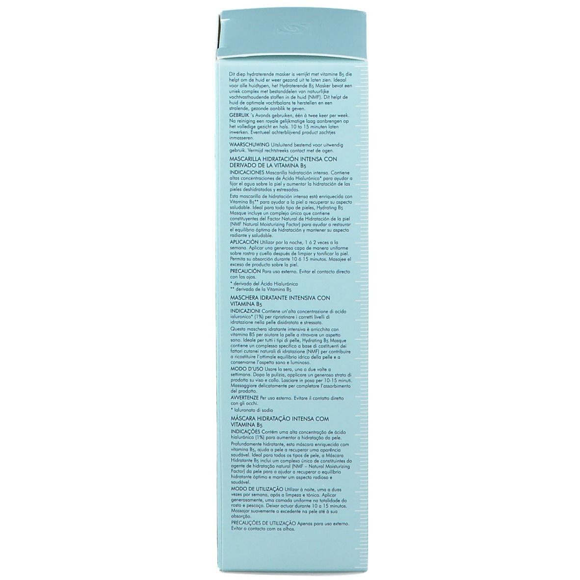 Dos de l'emballage Skinceuticals Hydrating B5 Masque. Texte avec informations produit, ingrédients, informations fabricant.