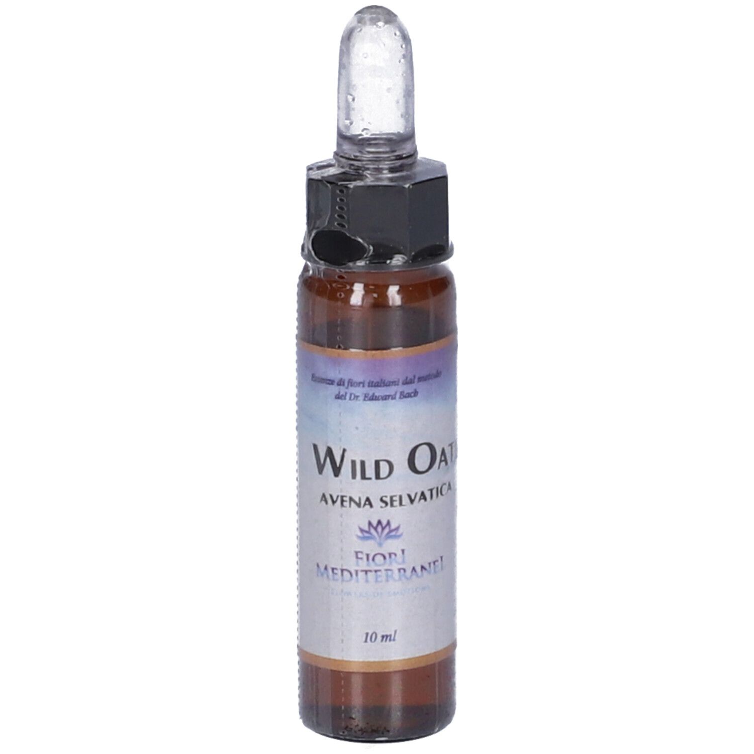 Fiala di vetro marrone con liquido. Scritta: Wild Oat, Avena Selvática, Fiori Mediterranei, 10 ml.