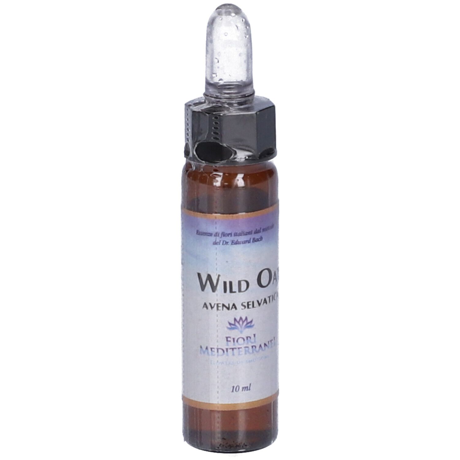 Fiala di vetro marrone con liquido. Scritta: Wild Oat, Avena Selvática, Fiori Mediterranei, 10 ml.