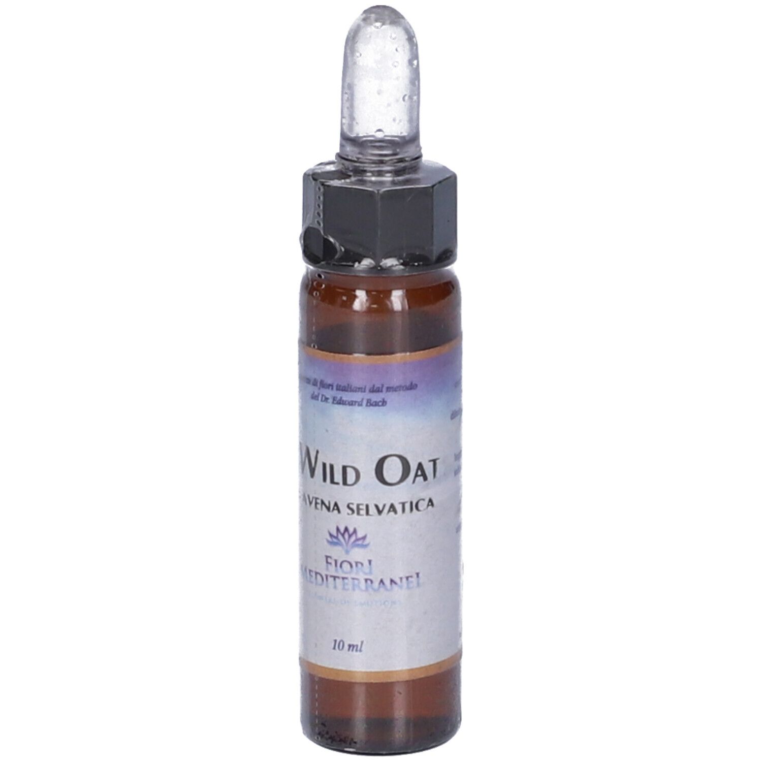 Fiala di vetro marrone con liquido. Scritta: Wild Oat, Avena Selvática, Fiori Mediterranei, 10 ml.