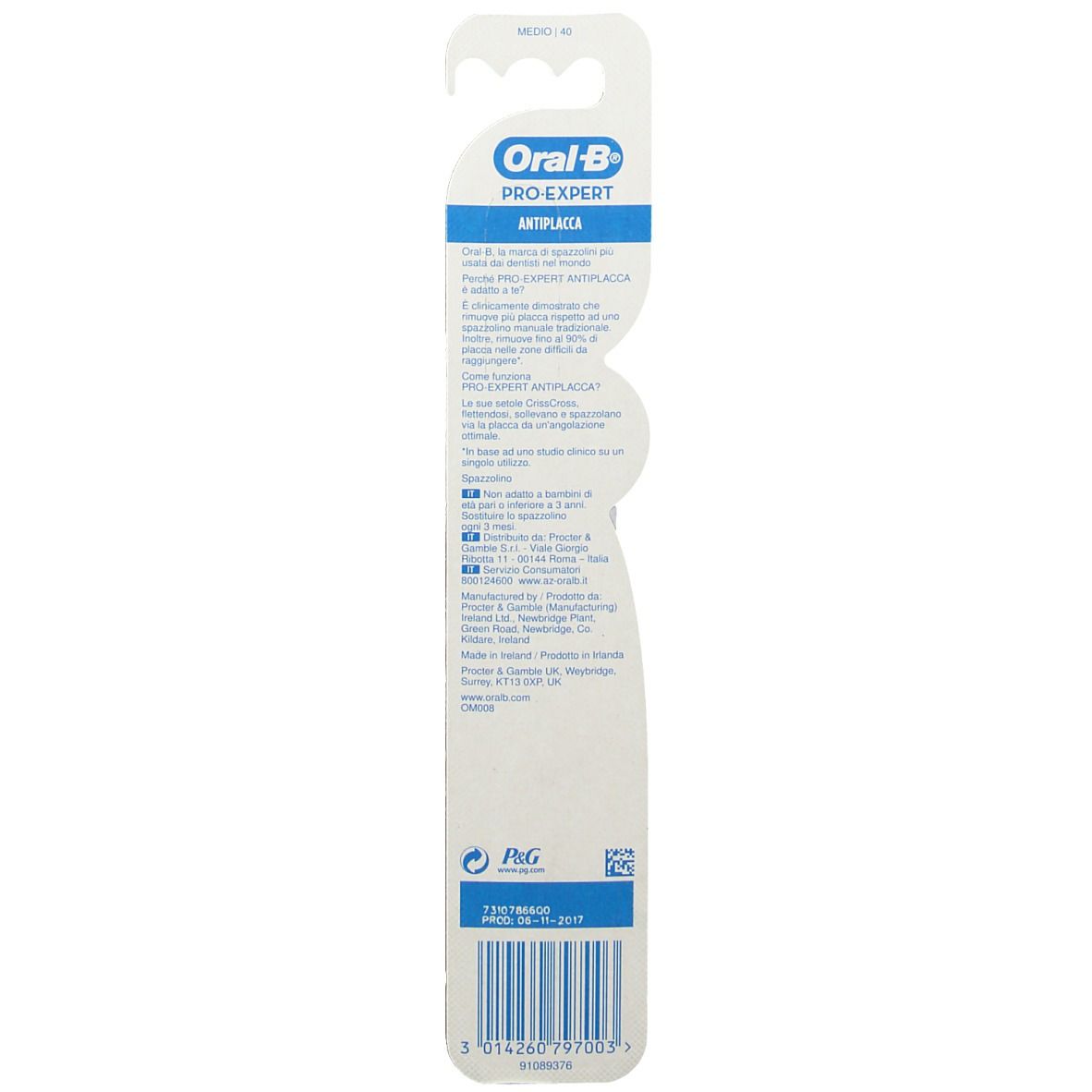 Retro della confezione blister. Testo blu e bianco. Logo Oral-B Pro-Expert. Codice a barre e informazioni sul prodotto.