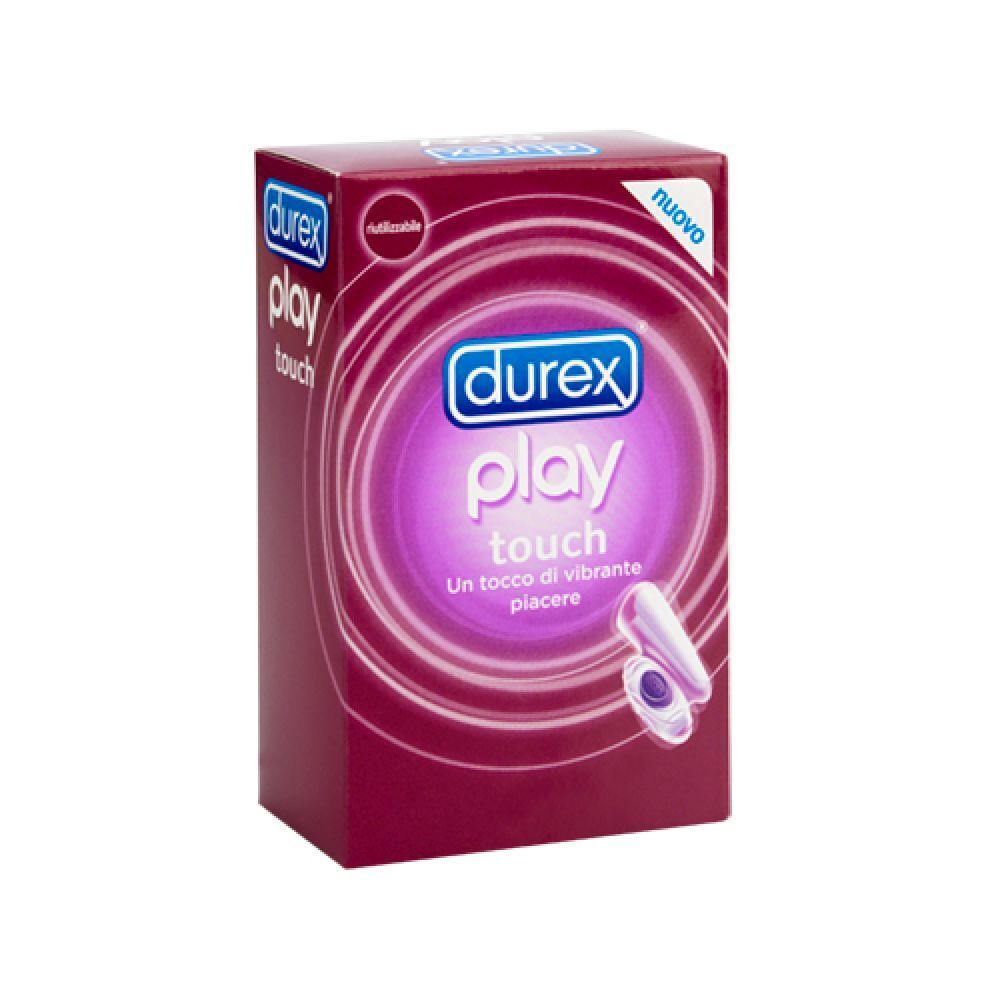 Confezione Durex Play Touch. Scatola rettangolare con immagine del prodotto e marchio. Elementi viola e bianchi.