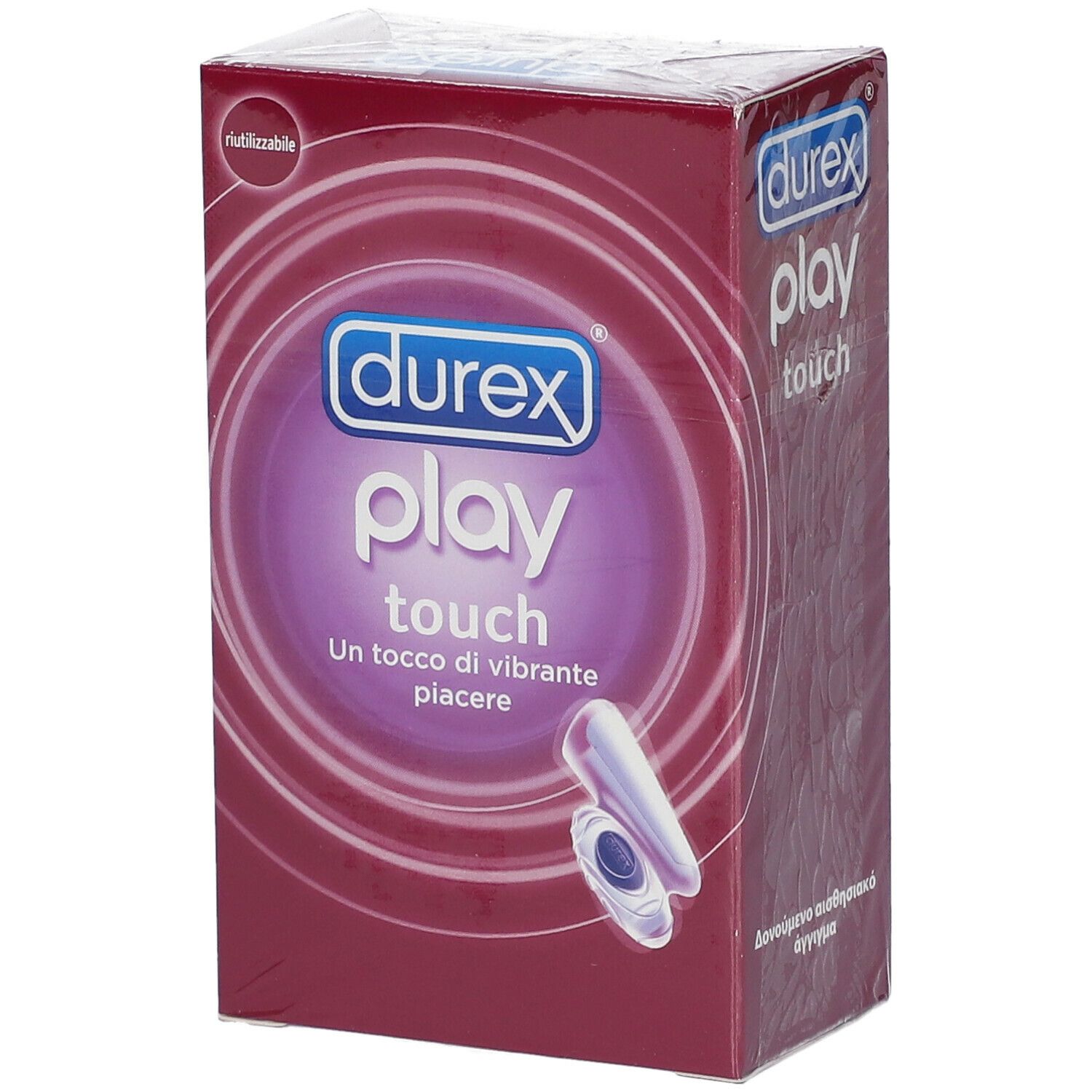 Confezione Durex Play Touch, sigillata. Scatola rettangolare con immagine del prodotto e marchio. Elementi viola e bianchi.