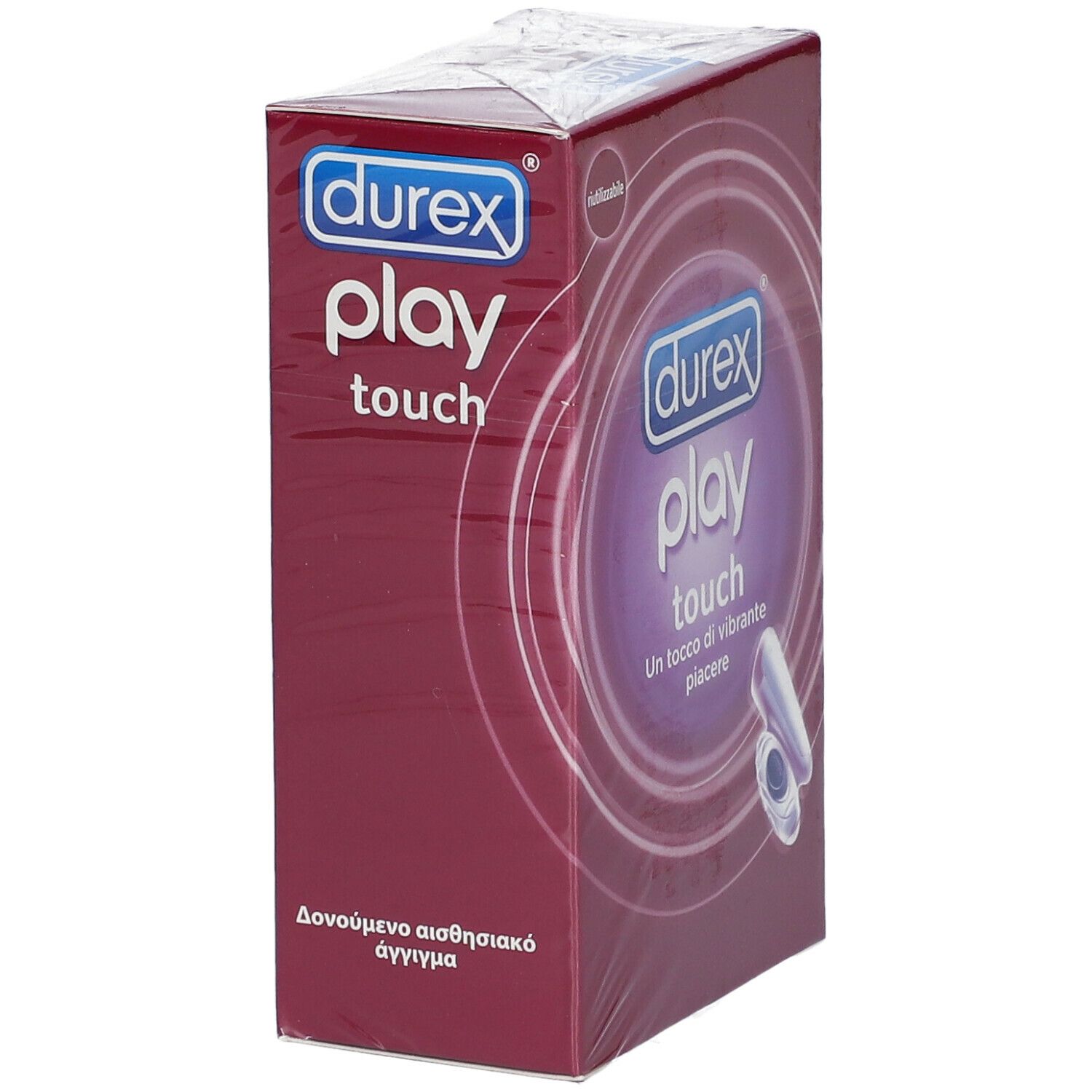 Confezione Durex Play Touch, sigillata. Scatola rettangolare con immagine del prodotto e marchio. Elementi viola e bianchi.