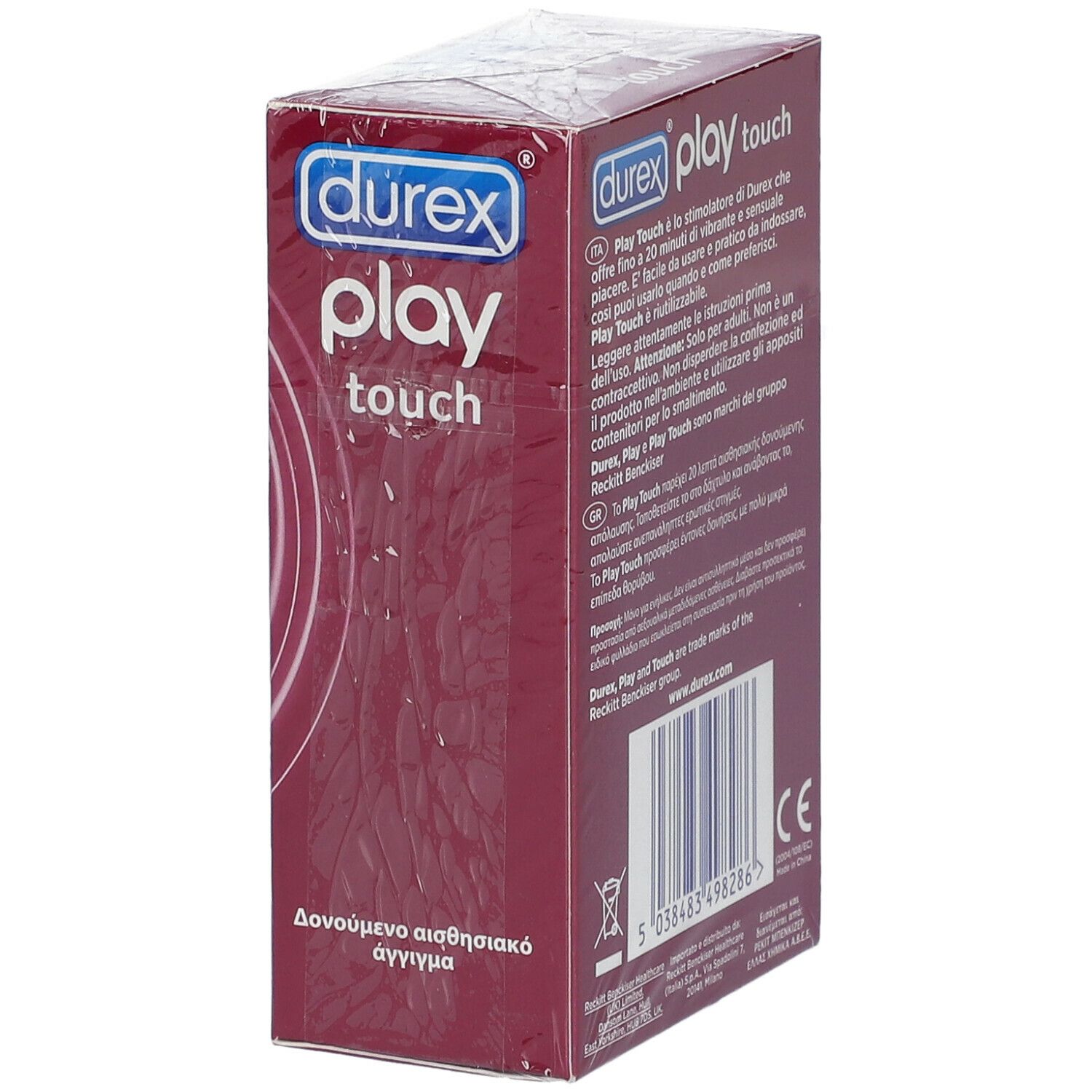 Retro confezione Durex Play Touch. Informazioni testuali, marchio e marchio CE su sfondo rosso.