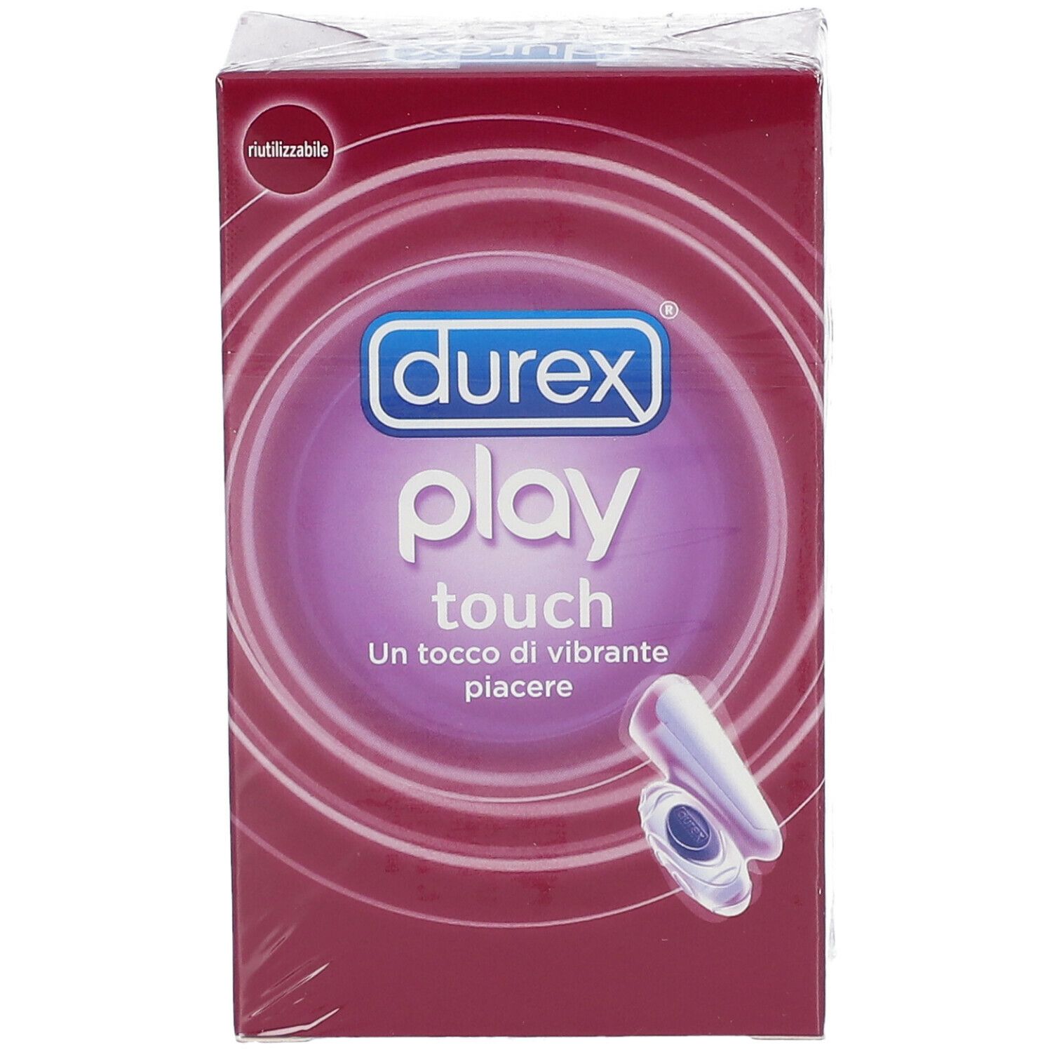 Confezione Durex Play Touch, sigillata. Scatola rettangolare con immagine del prodotto e marchio. Elementi viola e bianchi.