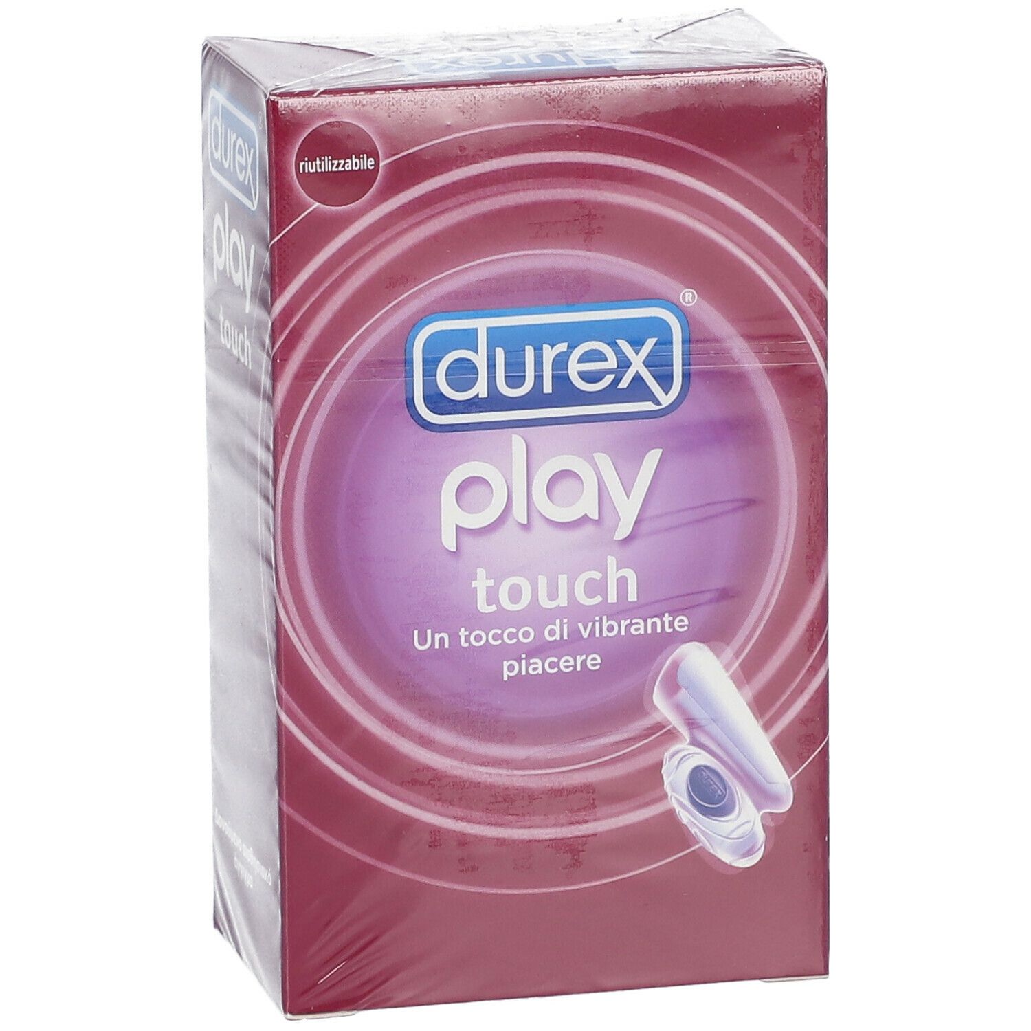Confezione Durex Play Touch, sigillata. Scatola rettangolare con immagine del prodotto e marchio. Elementi viola e bianchi.