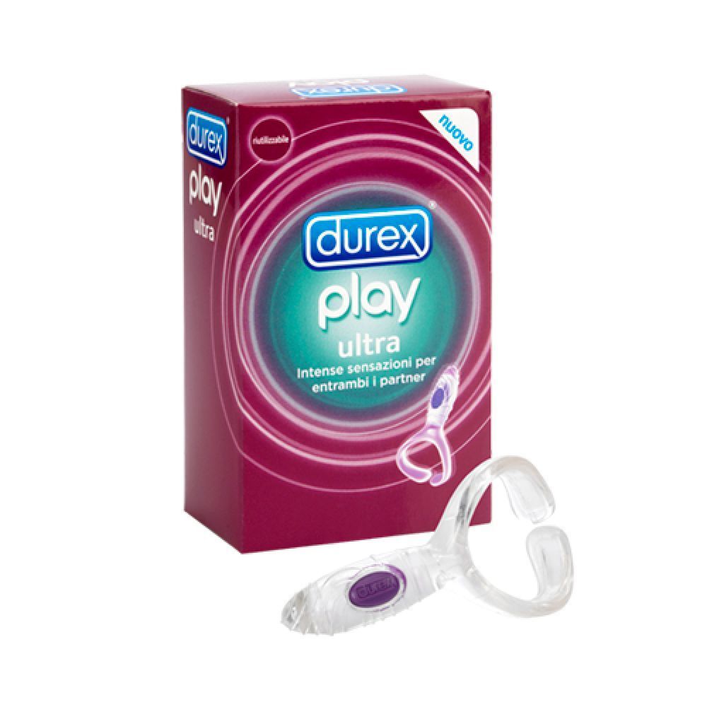 Confezione Durex Play Ultra con prodotto. Scatola viola con immagine del prodotto. Scritta: Durex Play Ultra.