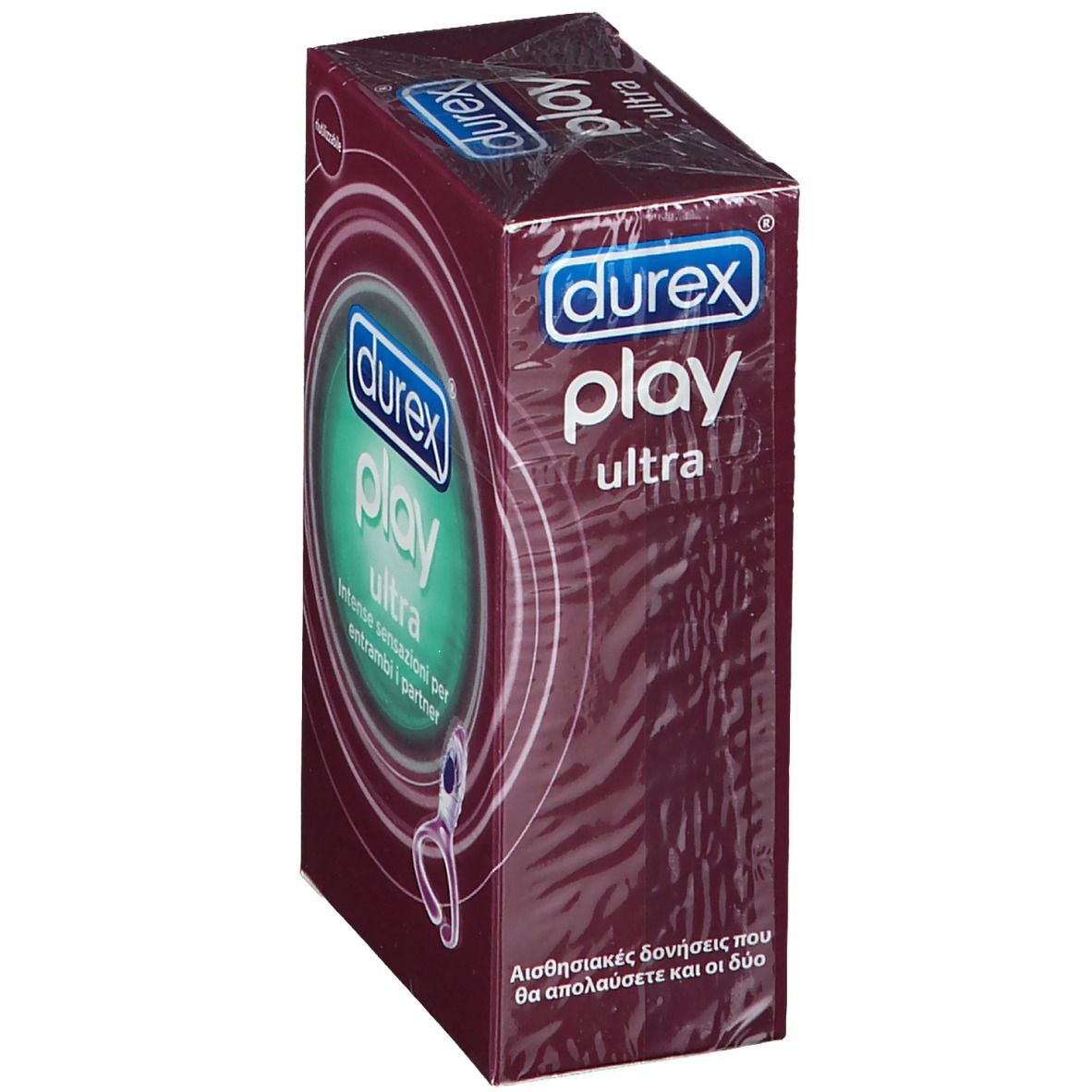 Confezione Durex Play Ultra. Scatola viola con immagine del prodotto. Scritta: Durex Play Ultra.